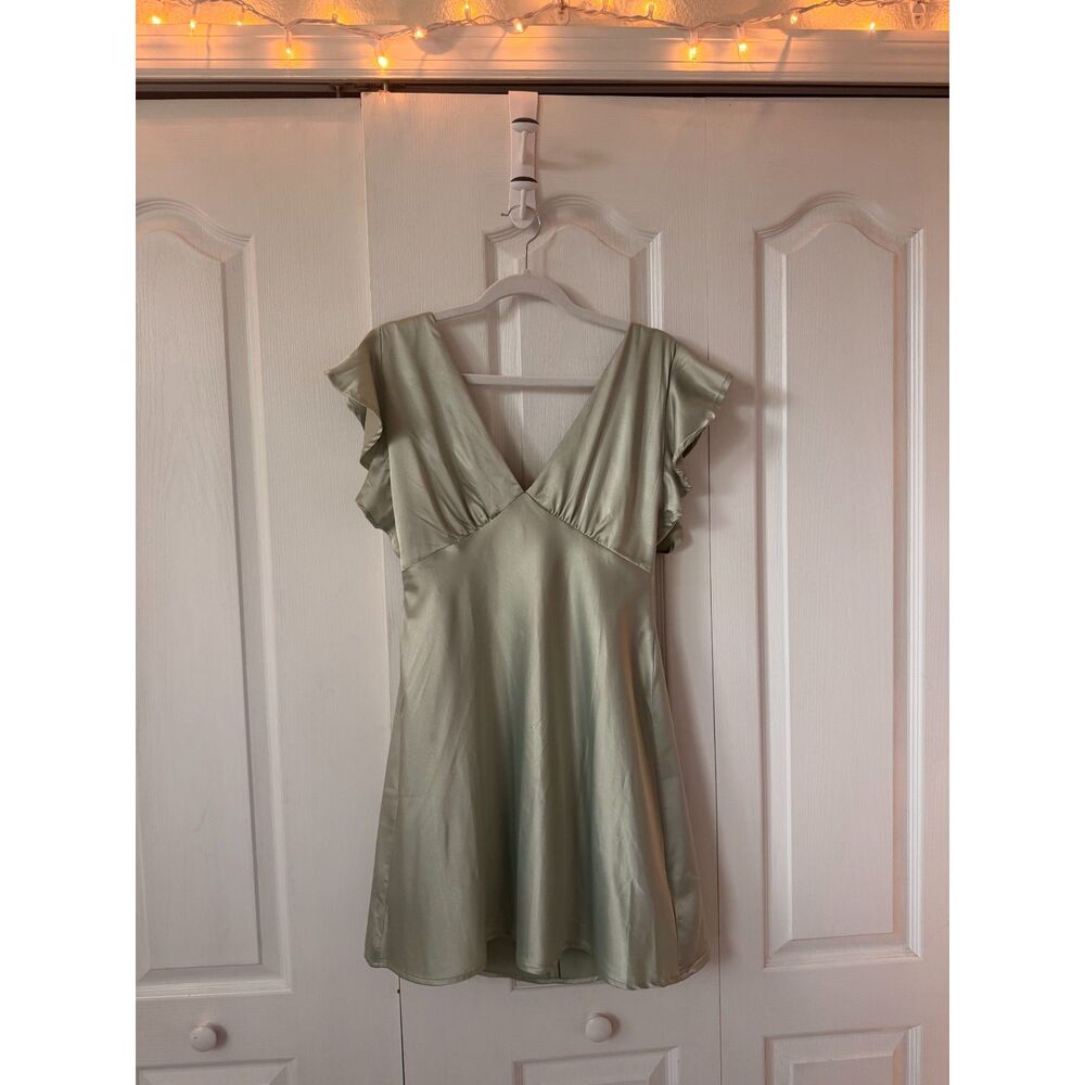Altar'd State Alysiana Silky Satin Mini Dress in Sage, Women's Large